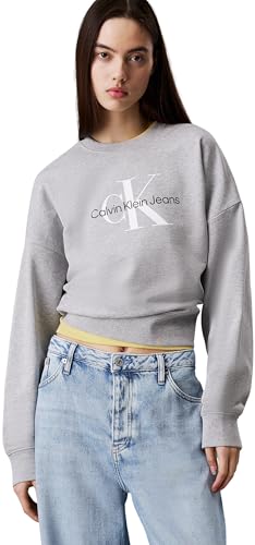 Calvin Klein Damen Sweatshirt Monologo French Terry mit Rundhalsausschnitt, Grau (Heroic Grey Heather), XXS von Calvin Klein