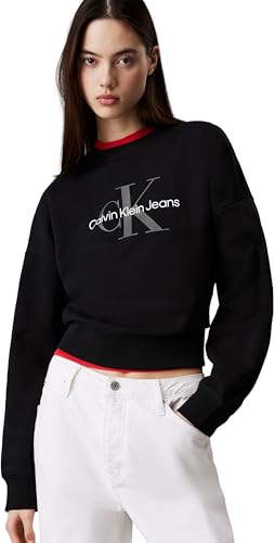 Calvin Klein Damen Sweatshirt Monologo French Terry mit Rundhalsausschnitt, Schwarz (Black), L von Calvin Klein