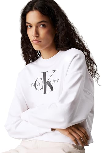 Calvin Klein Damen Sweatshirt Monologo French Terry mit Rundhalsausschnitt, Weiß (Brilliant White), XS von Calvin Klein