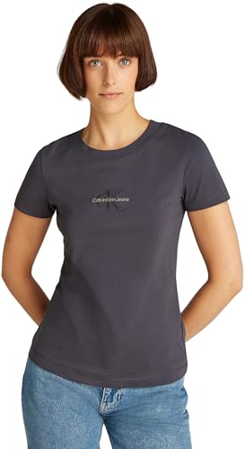 Calvin Klein Damen T-Shirt Kurzarm Monologo Slim Rundhalsausschnitt, Ebony (Grau), XS von Calvin Klein
