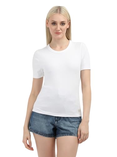 Calvin Klein Damen T-Shirt Kurzarm Woven Label Rib Fitted Rundhalsausschnitt, Weiß (Bright White), M von Calvin Klein
