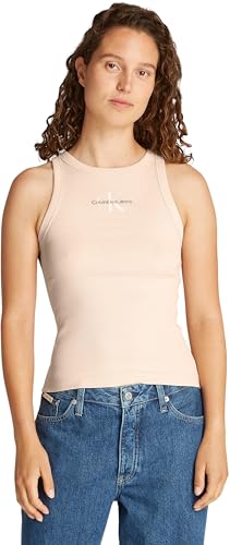 Calvin Klein Damen Tank Top Monologo Rib Skinny Fit, Beige (Brazilian Sand), L von Calvin Klein