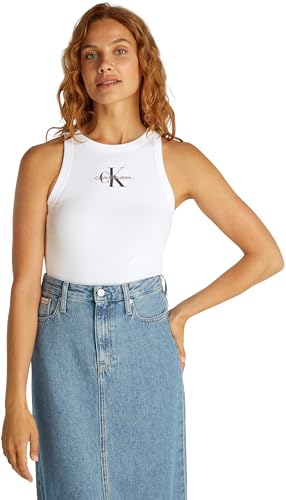 Calvin Klein Damen Tank Top Monologo Rib Skinny Fit, Weiß (Brilliant White), L von Calvin Klein