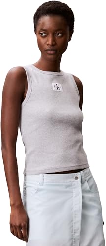 Calvin Klein Damen Tank Top Woven Label Cotton Rib mit Logo, Grau (Bc06 Grey Heather), M von Calvin Klein