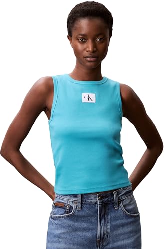 Calvin Klein Damen Tank Top Woven Label Cotton Rib mit Logo, Türkis (Tuscan Teal), XS von Calvin Klein