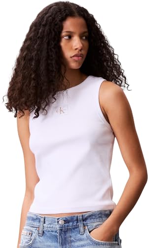 Calvin Klein Damen Tank Top Woven Label Cotton Rib mit Logo, Weiß (Brilliant White), M von Calvin Klein