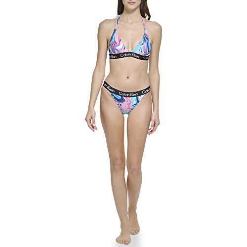 Calvin Klein Damen Triangel-BH-Oberteil, abnehmbare weiche Körbchen, mittelhohe Taille, 2-teiliges Set Bikini-Unterteile, Palace Blue Paint Spill, 36 von Calvin Klein