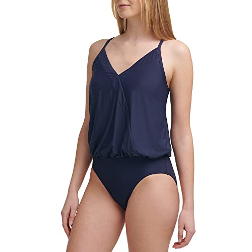 Calvin Klein Damen V-Ausschnitt Blouson Wrap Regal-BH Einteiler Badeanzug, Marineblau, 38 von Calvin Klein