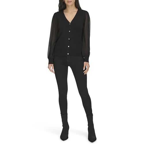 Calvin Klein Damen V Neck Button Front Cardigan Sweater Strickjacke, Schwarz, Mittel von Calvin Klein