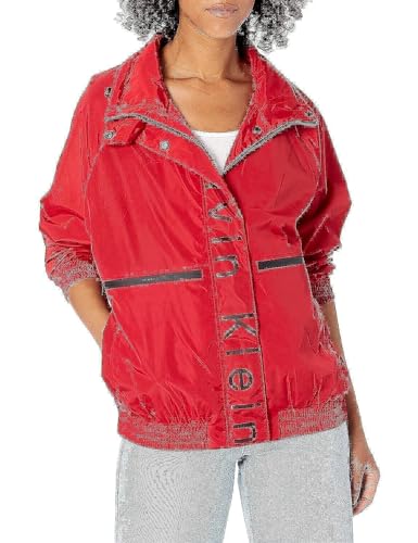 Calvin Klein Damen Water-Resistant Rain Jacket Windbreaker, Gestreiftes Logo, Purpurrot, S von Calvin Klein