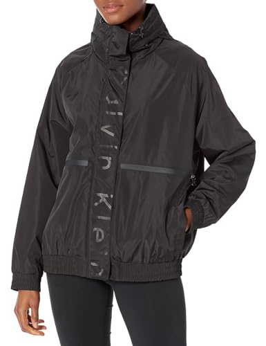 Calvin Klein Damen Water-Resistant Rain Jacket Windbreaker, Logo-Streifen, Schwarz, L von Calvin Klein
