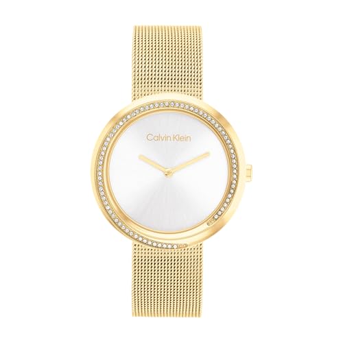 Calvin Klein Analog Quarzuhr für Damen Kollektion Twist mit Goldfarben Edelstahl-Mesh-Gliederarmband - 25200150 Calvin Klein Analog Quarzuhr für Damen Kollektion Twist mit Goldfarben Edelstahl-Mesh-Gliederarmband - 25200150 von Calvin Klein
