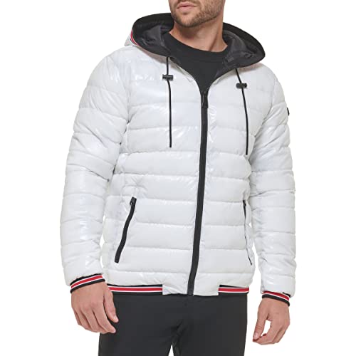 Calvin Klein Glänzende Pufferjacken mit Kapuze, Wintermäntel für Herren, Weiss/opulenter Garten, L von Calvin Klein