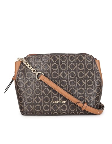 Calvin Klein Hailey Signature Crossbody mit drei Fächern, Braun (Braun/Khaki/Caramel Linear), Einheitsgröße von Calvin Klein