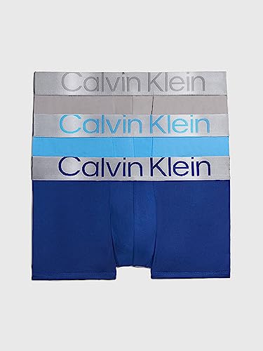 Calvin Klein Herren 3er Pack Boxershorts Low Rise Trunks mit Stretch, Mehrfarbig (Mid Blue/Signature Blue/Clay Gry), S von Calvin Klein