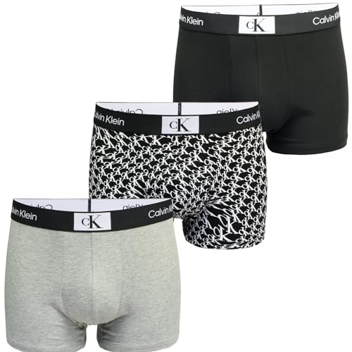 Calvin Klein Herren 3er Pack Boxershorts Trunks Baumwolle mit Stretch, Mehrfarbig (Blk, Grey Hthr, Warped Logo Prt_Blk), M von Calvin Klein