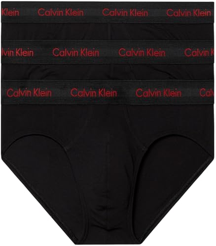 Calvin Klein Herren 3er Pack Hip Briefs Unterhosen Baumwolle mit Stretch, Schwarz (Black W/ Pompian Red Logos), L von Calvin Klein