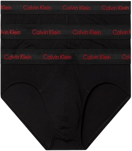 Calvin Klein Herren 3er Pack Hip Briefs Unterhosen Baumwolle mit Stretch, Schwarz (Black W/ Pompian Red Logos), M von Calvin Klein
