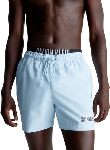 Calvin Klein Herren Badehose Medium Double Mittellang, Blau (Powder Aqua), L von Calvin Klein