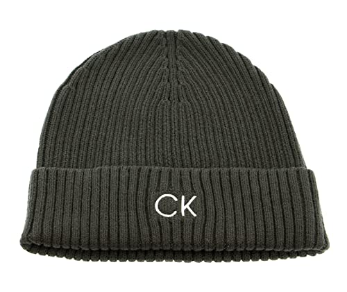 Calvin Klein Herren Classic Cotton Rib Beanie K50K509680 Gestrickte Mütze, Grün (Dark Olive), OS von Calvin Klein Jeans