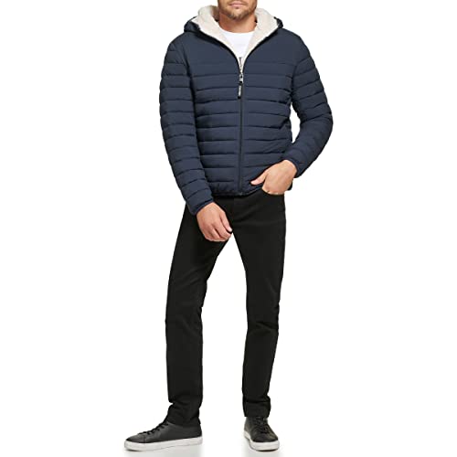 Calvin Klein Herren Daunenjacke mit Kapuze, Steppmantel, Sherpa gefüttert Jacke, Echtes Marineblau, XXL von Calvin Klein