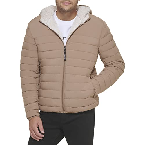 Calvin Klein Herren Daunenjacke mit Kapuze, Steppmantel, Sherpa gefüttert Jacke, Hellbraun, L von Calvin Klein