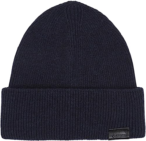 Calvin Klein Herren Leather Patch Docker Beanie K50K510978 Gestrickte Mütze, Schwarz (Ck Navy), OS von Calvin Klein