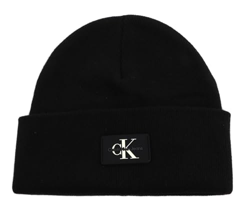 Calvin Klein Herren MONOLOGO Patch Non-Rib Beanie K50K511743 Gestrickte Mütze, Schwarz (Black), OS von Calvin Klein