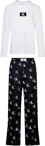 Calvin Klein Herren Pyjama-Set Long Pant Set Lang, Mehrfarbig (White Top/Lit Ck Distr Prt_Blk Btm), M von Calvin Klein