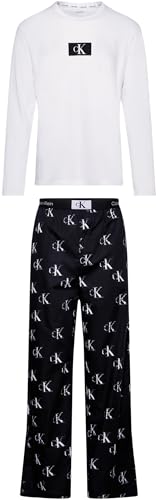 Calvin Klein Herren Pyjama-Set Long Pant Set Lang, Mehrfarbig (White Top/Lit Ck Distr Prt_Blk Btm), S von Calvin Klein