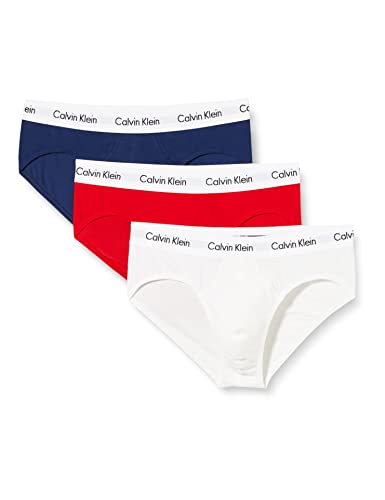 Calvin Klein Herren 3er Pack Hip Briefs Unterhosen Baumwolle mit Stretch, Mehrfarbig (White/Red Ginger/Pyro Blue), S von Calvin Klein