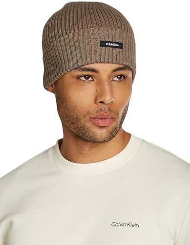 Calvin Klein Herren Strickmütze Classic Cotton Rib Beanie aus Baumwolle, Beige (Brindle), Einheitsgröße von Calvin Klein