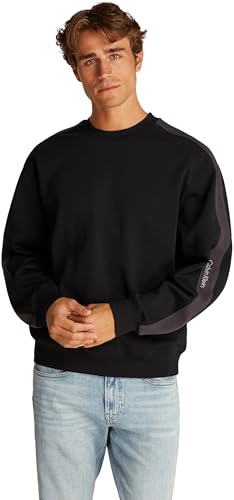 Calvin Klein Herren Sweatshirt Logo Tape Crew Neck Relaxed Fit, Schwarz (Ck Black), L von Calvin Klein