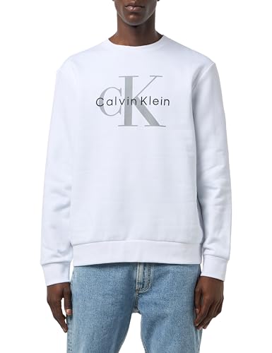 Calvin Klein Herren Sweatshirt Monologo Fleece mit Rundhalsausschnitt, Weiß (Brilliant White), M von Calvin Klein