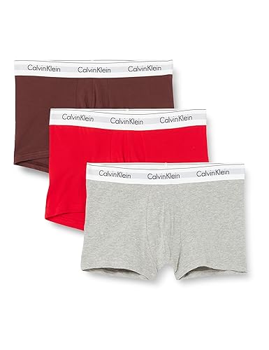 Calvin Klein Herren 3er Pack Boxershorts Trunks Baumwolle mit Stretch, Mehrfarbig (Grey Heather, Deep Mahogany, Rouge), XL von Calvin Klein