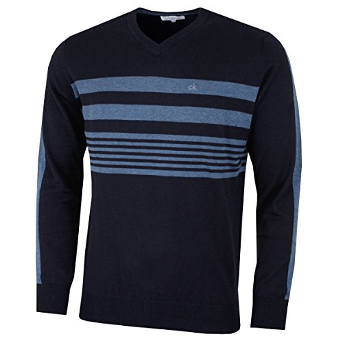 Calvin Klein Herren V-Ausschnitt Streifen auf der Brust Sweater - Marine - XL von Calvin Klein