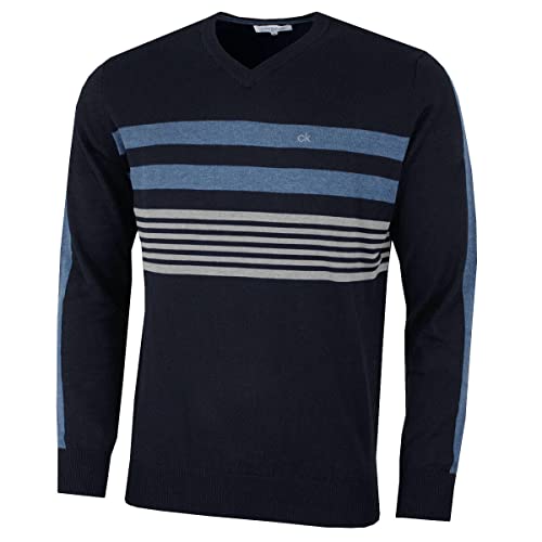 Calvin Klein Herren V-Ausschnitt Streifen auf der Brust Sweater - Marine - XXL von Calvin Klein