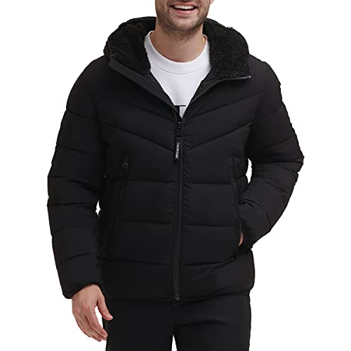 Calvin Klein Herren Wintermantel – Puffer-stretchjacke mit Sherpa Jacke, Mit Kapuze aus Stretch-Ebenholz, S von Calvin Klein