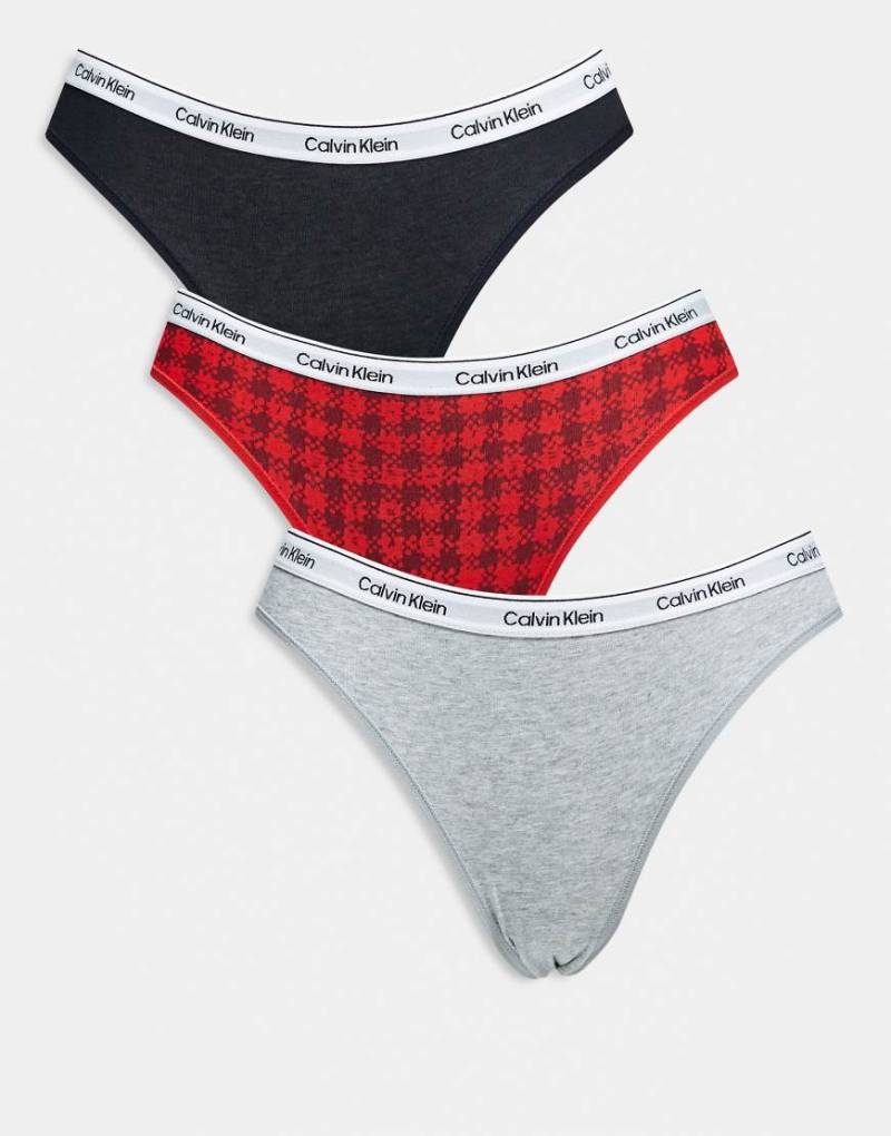 Calvin Klein - Icon Logo - 3er-Pack Bikinislips in Schwarz/Grau/Rot kariert mit Markenlogo-Bunt von Calvin Klein