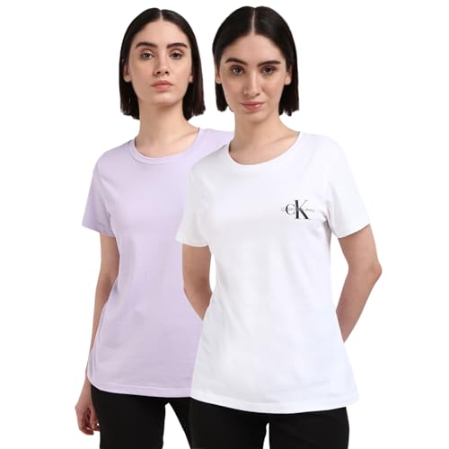 Calvin Klein Jeans Damen 2er Pack T-Shirts Kurzarm Monologo Slim Rundhalsausschnitt, Mehrfarbig (Pastel Lilac/Bright White), XXS von Calvin Klein