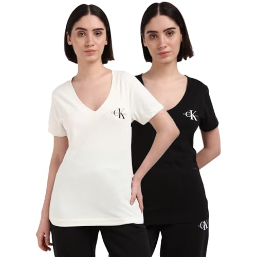 Calvin Klein Jeans Damen 2er Pack T-Shirts Kurzarm V-Ausschnitt, Mehrfarbig (Ivory/Ck Black), XXS von Calvin Klein