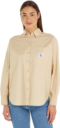 Calvin Klein Jeans Damen Hemd Woven Label Relaxed Shirt Langarm, Beige (Warm Sand), M von Calvin Klein
