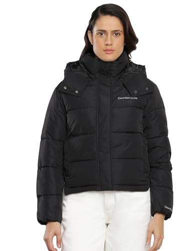 Calvin Klein Jeans Damen Jacke Monologo Short Puffer Winterjacke, Schwarz (Ck Black), XL von Calvin Klein