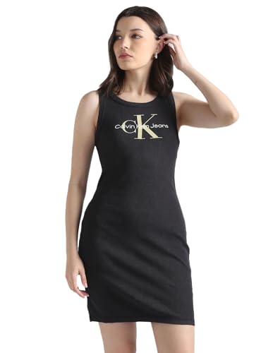 Calvin Klein Jeans Damen Kleid Rib Tank Dress Ärmellos, Schwarz (Ck Black), XS von Calvin Klein