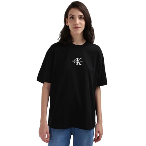 Calvin Klein Jeans Damen T-Shirt Kurzarm Monologo Boyfriend Rundhalsausschnitt, Schwarz (Ck Black), XXS von Calvin Klein