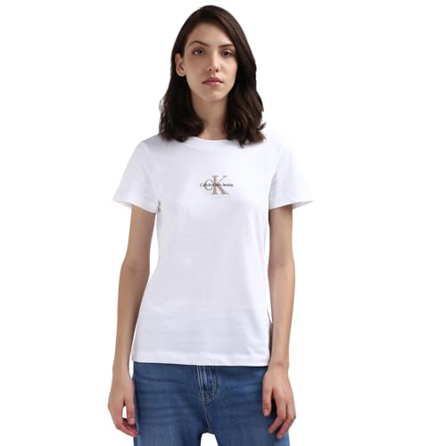Calvin Klein Jeans Damen T-Shirt Kurzarm Monologo Slim Rundhalsausschnitt, Weiß (Bright White), XXS von Calvin Klein