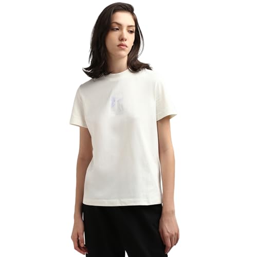 Calvin Klein Jeans Damen T-Shirt Kurzarm Regular Rundhalsausschnitt, Weiß (Ivory), L von Calvin Klein