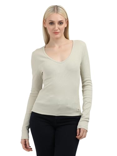 Calvin Klein Jeans Damen WOVEN LABEL RIB V-NECK LS J20J224197, Grey (Pelican), XL von Calvin Klein