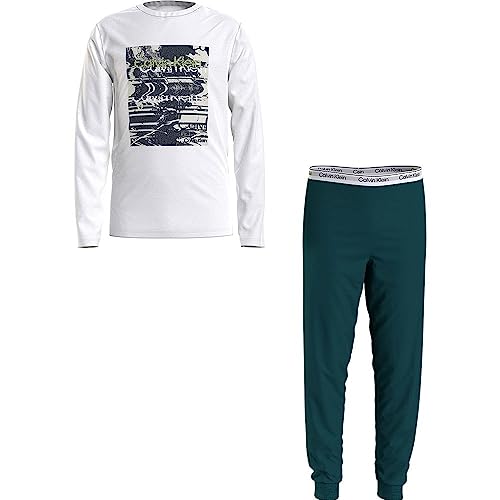 Calvin Klein Jungen Knit Pj Set (Ls+Cuffed Pant) B70B700455 Pyjamas, Weiß (Pvhwhite/W/Darkeverglade), 8-10 Jahre von Calvin Klein