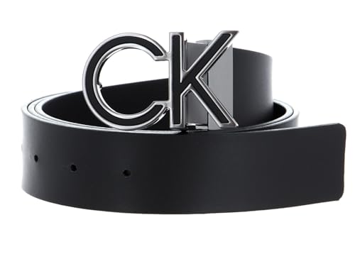 Calvin Klein Leder Gürtel Logo Rev CK Metal Inlay 35MM W90 Black Smooth/Black Textured schwarz wendbar von Calvin Klein